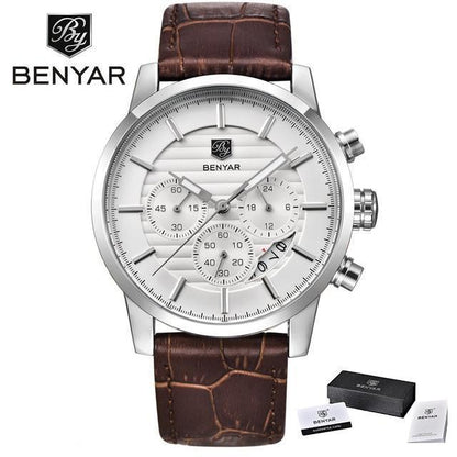 Stevvex luxury steel sports men's watch with brown leather band, Benyar logo on Tampa Home & Garden Store