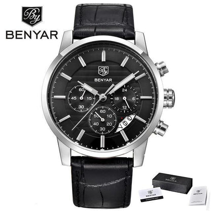 Benyar luxury steel sports men's watch with black dial, leather strap, chronograph subdials on Tampa Home & Garden Store