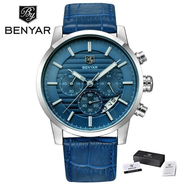 Steel sports men's watch by Stevvex BENYAR with blue dial and blue leather strap on Tampa Home & Garden Store