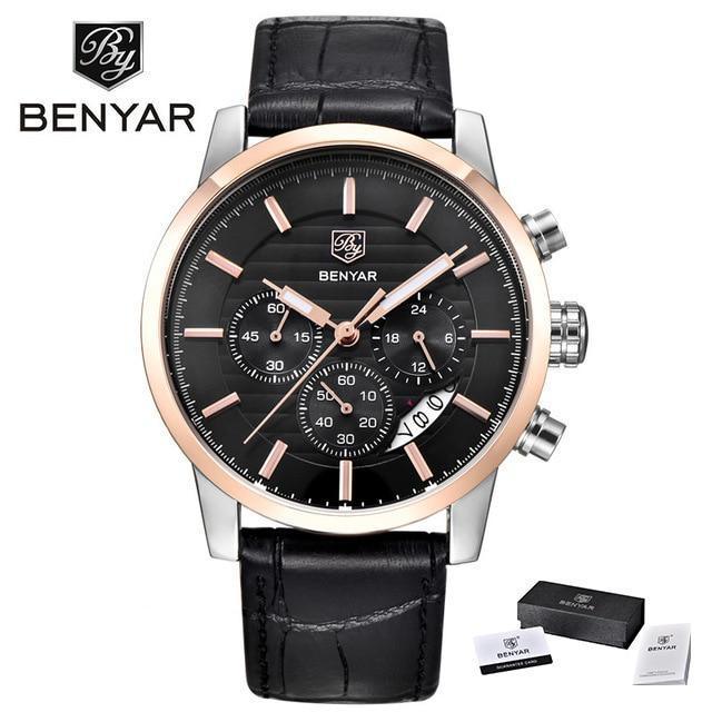 Benyar men's luxury steel sport watch with black dial, rose gold bezel and black leather strap on Tampa Home & Garden Store