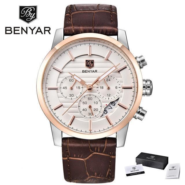 ST583JONULS2 BENYAR men's steel sports watch with brown leather strap and rose gold bezel, box on Tampa Home & Garden Store