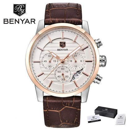 ST583JONULS2 BENYAR men's steel sports watch with brown leather strap and rose gold bezel, box on Tampa Home & Garden Store