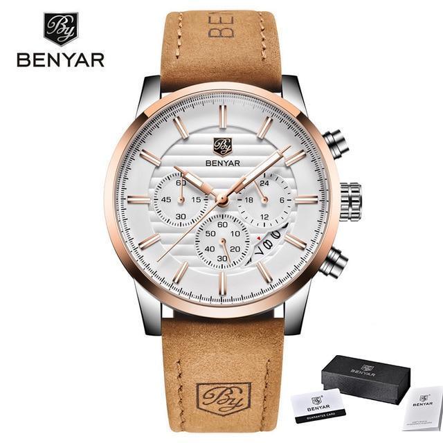 Benyar luxury steel sports men's chronograph watch with tan leather band and white dial on Tampa Home & Garden Store