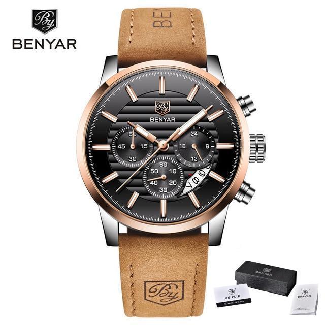 Benyar men's luxury steel sport watch with black dial, rose gold bezel, tan leather strap on Tampa Home & Garden Store
