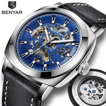 Men's skeleton automatic watch with blue dial, stainless steel case and leather strap BENYAR on Tampa Home & Garden Store