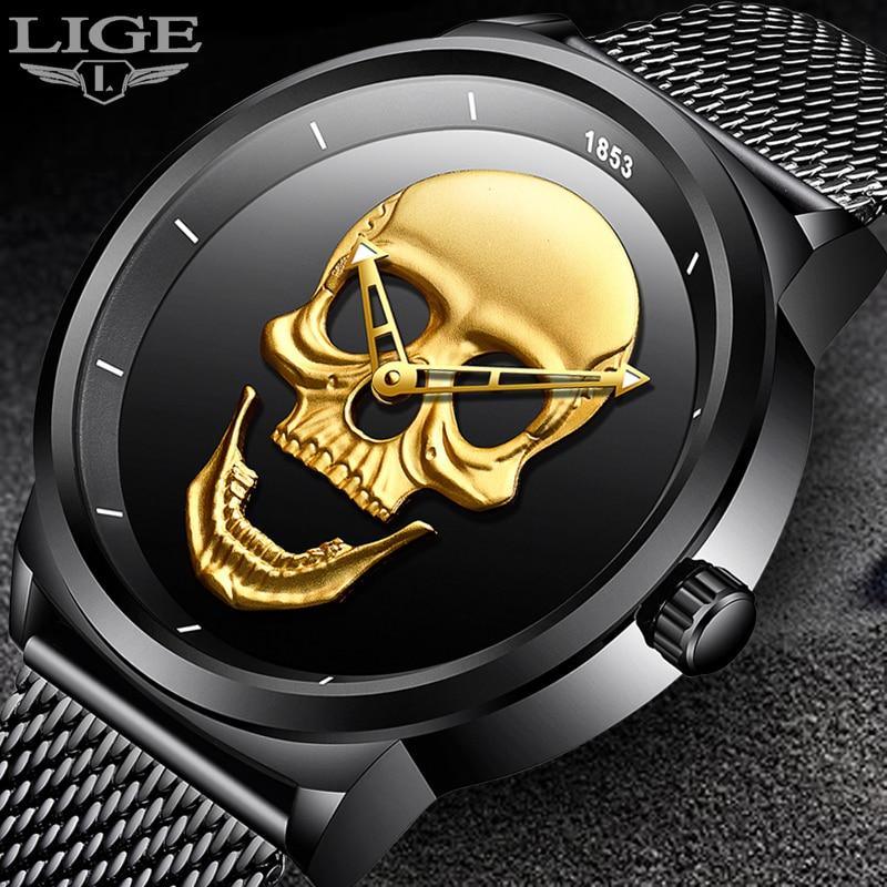 Men's waterproof stainless steel skull watch, 3D skull dial, fluorescent hands LIGE logo on Tampa Home & Garden Store