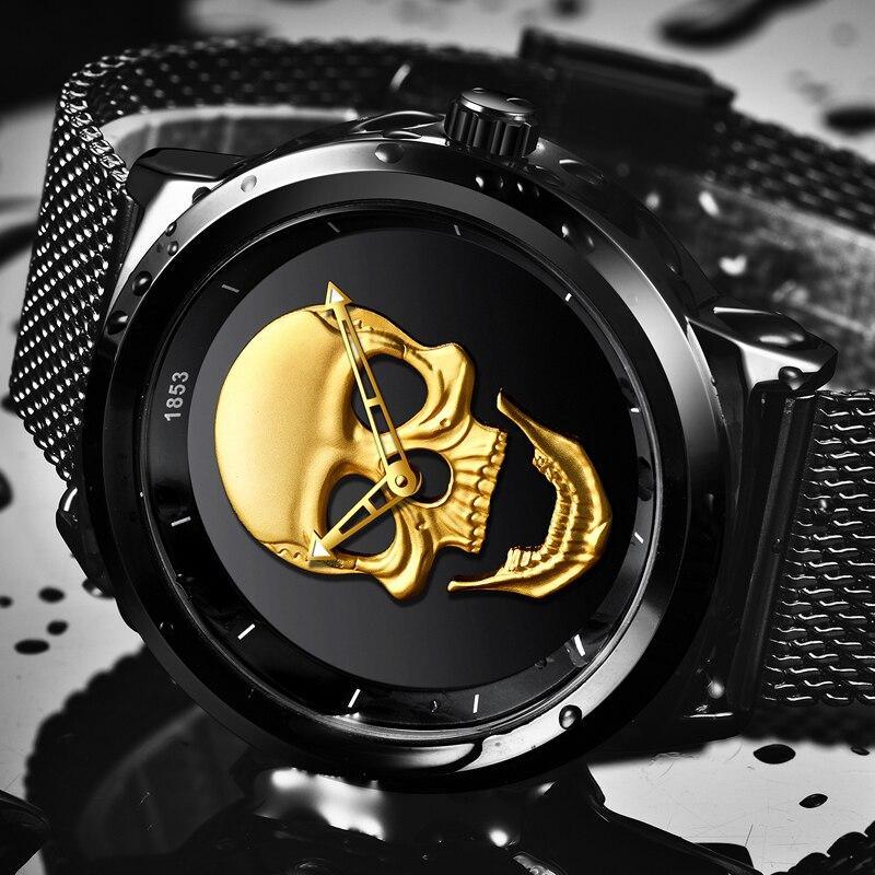 Men's waterproof stainless steel watch with 3D gold skull dial and luminous hands mesh band on Tampa Home & Garden Store
