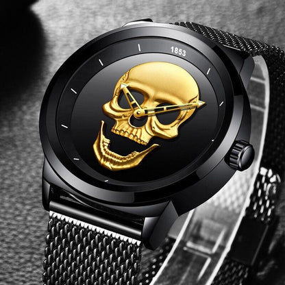Men's waterproof stainless steel watch with gold skull dial and black mesh band Stevvex on Tampa Home & Garden Store