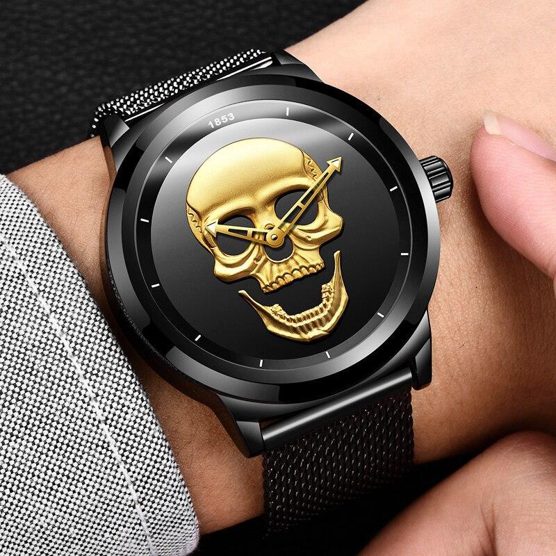 Men's waterproof stainless steel watch with black mesh strap and gold skull dial Stevvex on Tampa Home & Garden Store