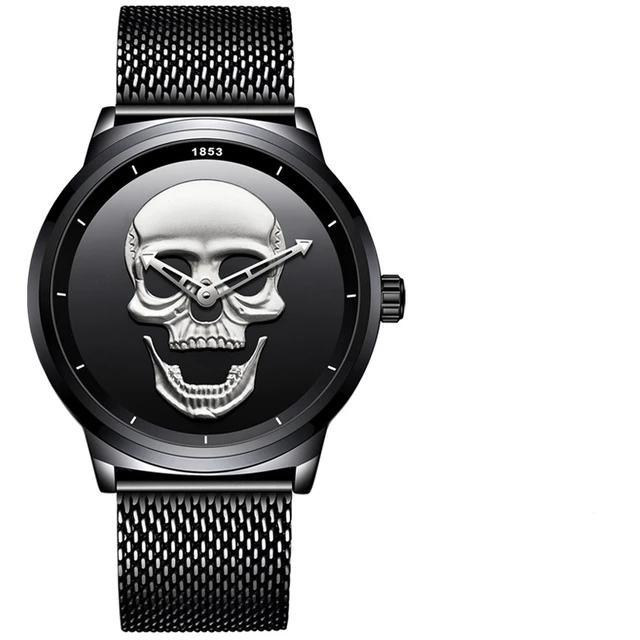 Men's skull watch, waterproof stainless steel, 3D skull dial, fluorescent hands, black mesh band on Tampa Home & Garden Store