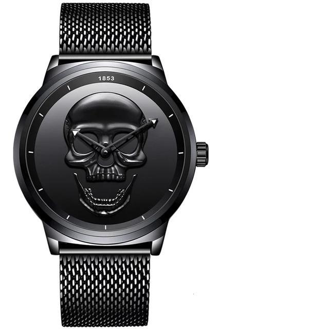 Men's waterproof stainless steel watch with 3D skull dial and hands and mesh band on Tampa Home & Garden Store