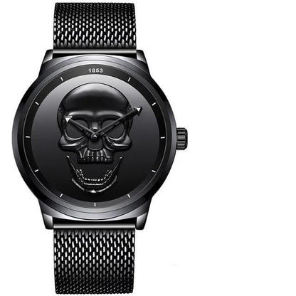 Men's waterproof stainless steel watch with 3D skull dial and hands and mesh band on Tampa Home & Garden Store