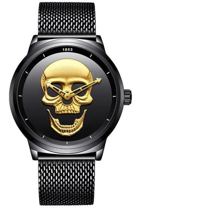 Stevvex men's waterproof stainless steel watch with black dial, gold 3D skull, black mesh band on Tampa Home & Garden Store