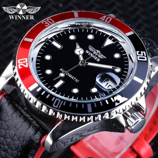 Stevvex automatic men's watch with black dial, luminous hands, red/black bezel, stainless steel case, leather strap on Tampa Home & Garden Store