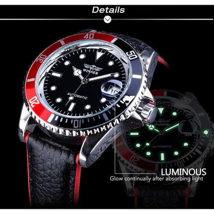 Men's watch Stevvex ST128STEXUM2 automatic black dial red leather strap luminous hands on Tampa Home & Garden Store