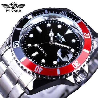 Stevvex ST128STEXUM2 watch with black dial, luminous hands, red and blue bezel, Winner logo on Tampa Home & Garden Store