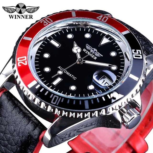 Winner men's sport watch with black dial, red bezel, luminous hands, leather strap on Tampa Home & Garden Store