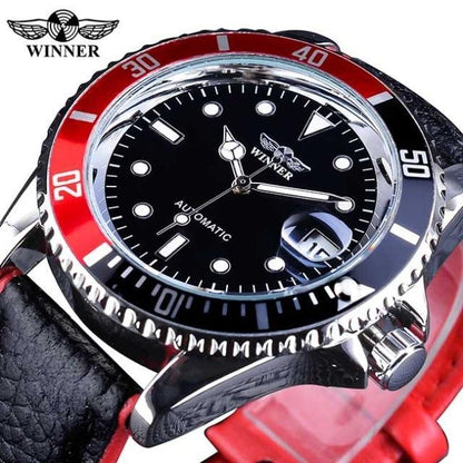Winner men's sport watch with black dial, red bezel, luminous hands, leather strap on Tampa Home & Garden Store