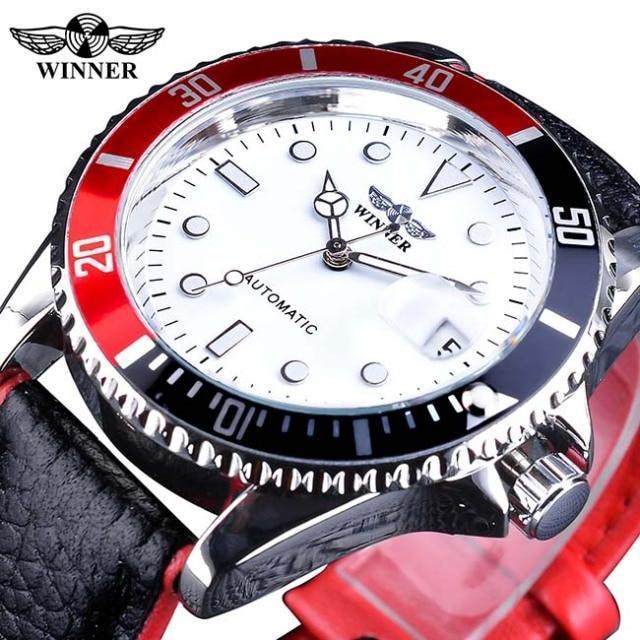 Stevvex WINNER men's sport watch with white dial red-black bezel leather strap luminous hands on Tampa Home & Garden Store
