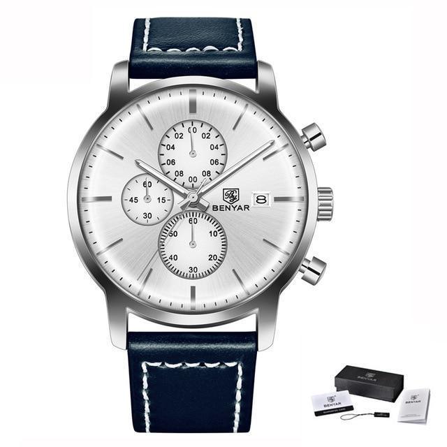 Men's steel chronograph wristwatch with blue leather strap, silver dial, date window Benyar on Tampa Home & Garden Store