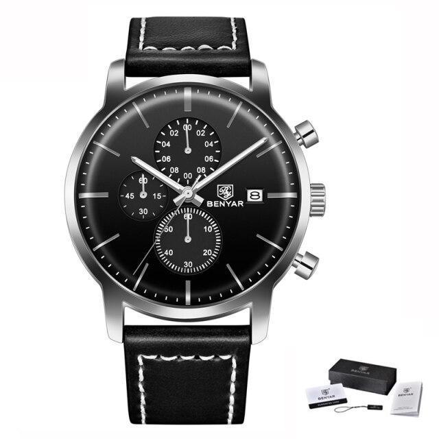 Stevvex ST661BINUS11 Benyar steel chronograph watch with black dial leather strap on Tampa Home & Garden Store
