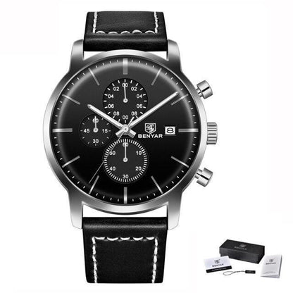 Stevvex ST661BINUS11 Benyar steel chronograph watch with black dial leather strap on Tampa Home & Garden Store