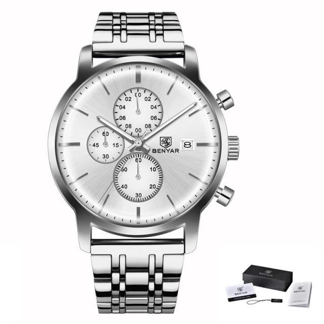 Stevvex stainless steel men's chronograph watch with silver dial and Benyar logo on Tampa Home & Garden Store