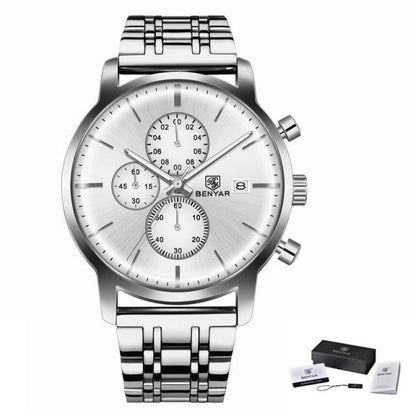 Stevvex stainless steel men's chronograph watch with silver dial and Benyar logo on Tampa Home & Garden Store