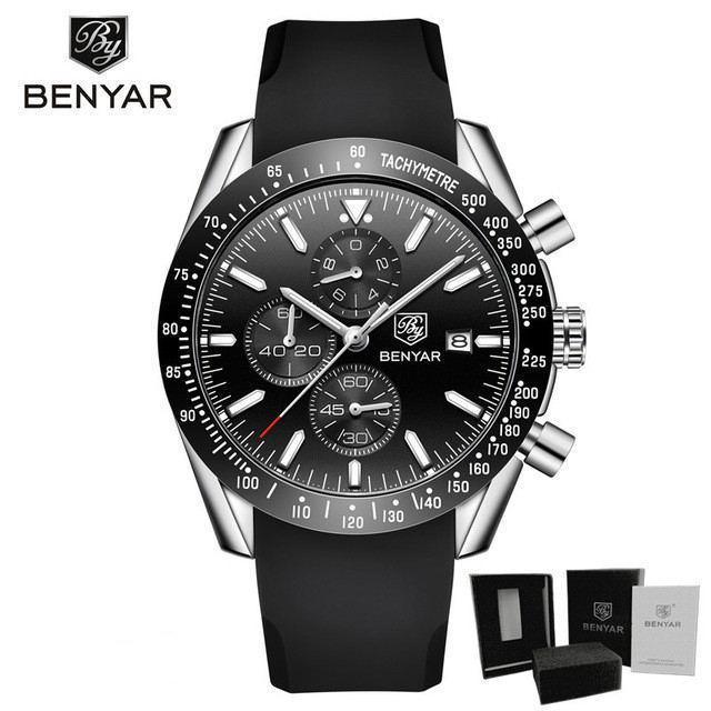 Benyar men's chronograph watch with black dial, steel case, tachymeter bezel, black strap on Tampa Home & Garden Store