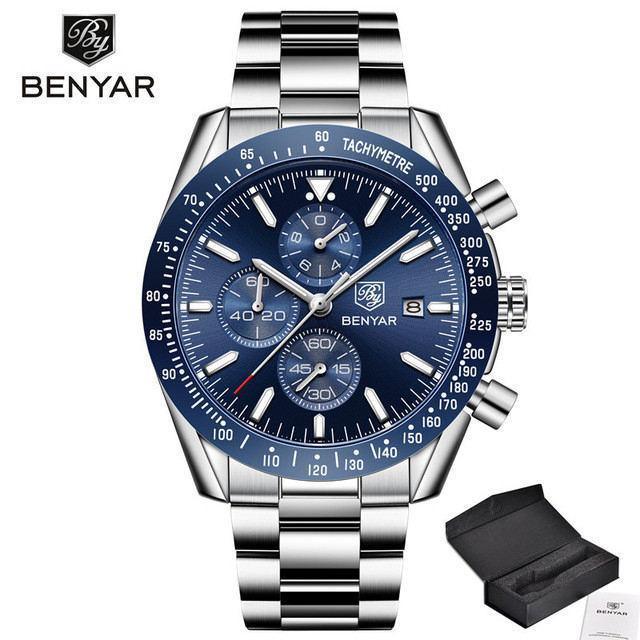 Men's stainless steel blue chronograph watch with tachymeter bezel, subdials Benyar branding on Tampa Home & Garden Store