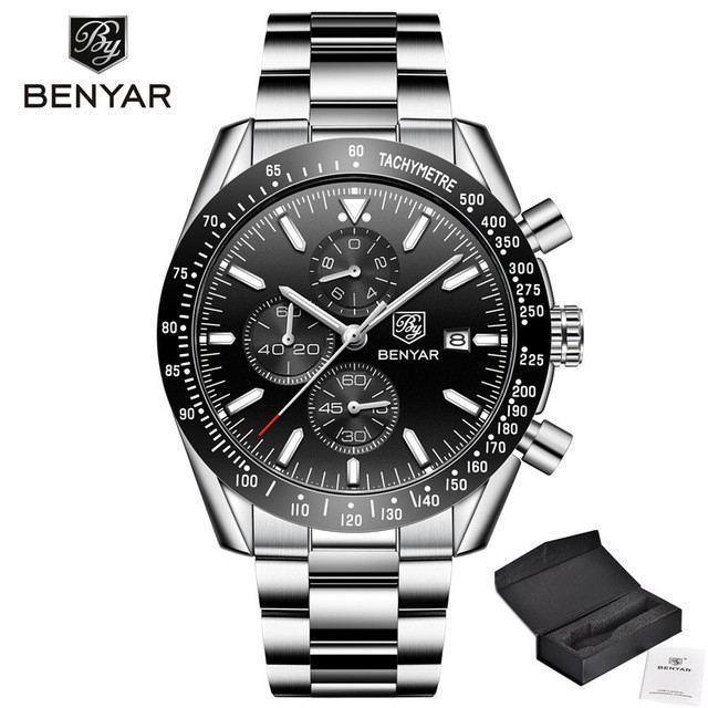 Men's stainless steel chronograph watch Stevvex Benyar ST665NURAZ44 with black dial and box on Tampa Home & Garden Store
