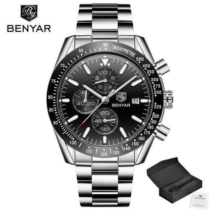 Men's stainless steel chronograph watch Stevvex Benyar ST665NURAZ44 with black dial and box on Tampa Home & Garden Store