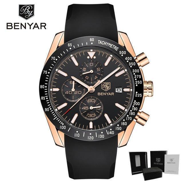 Benyar men's chronograph watch black dial rose gold-tone case silicone strap tachymeter on Tampa Home & Garden Store