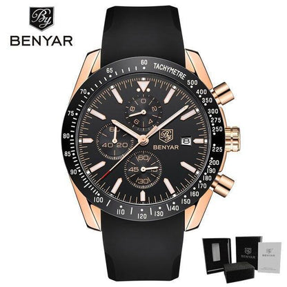 Benyar men's chronograph watch black dial rose gold-tone case silicone strap tachymeter on Tampa Home & Garden Store