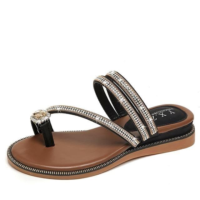 Stevvex rhinestone sandals with crystal-embellished straps, brown footbed, flat sole on Tampa Home & Garden Store