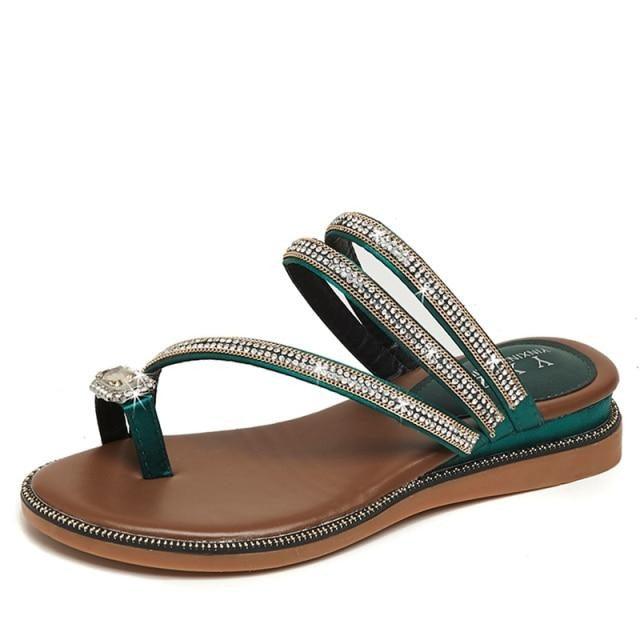 Stevvex rhinestone sandals green triple-strap with crystal embellishments tan footbed on Tampa Home & Garden Store