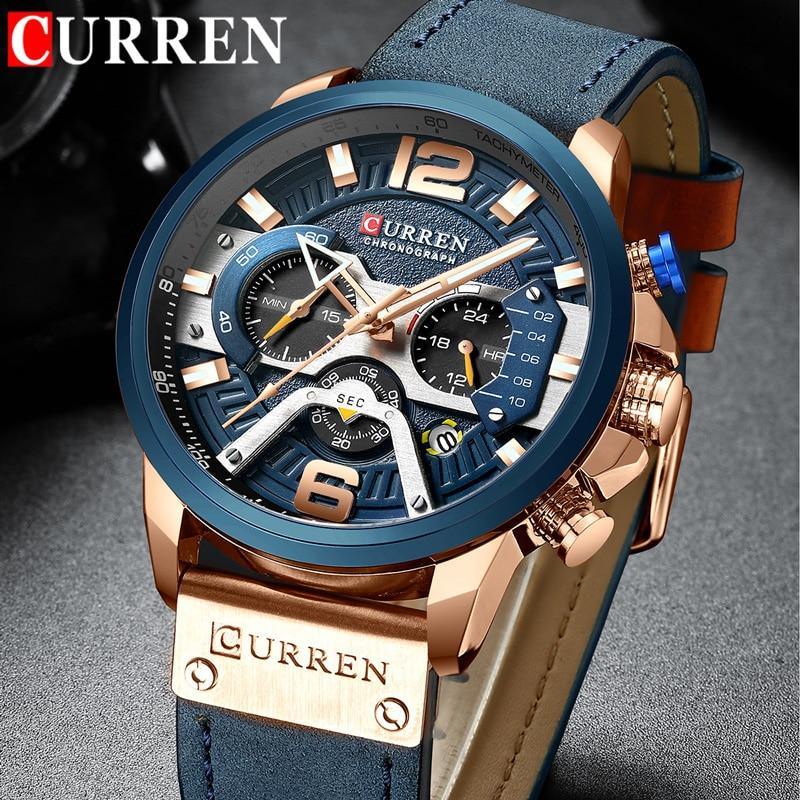 Men's Curren chronograph watch with blue dial, rose-gold case, blue leather strap on Tampa Home & Garden Store