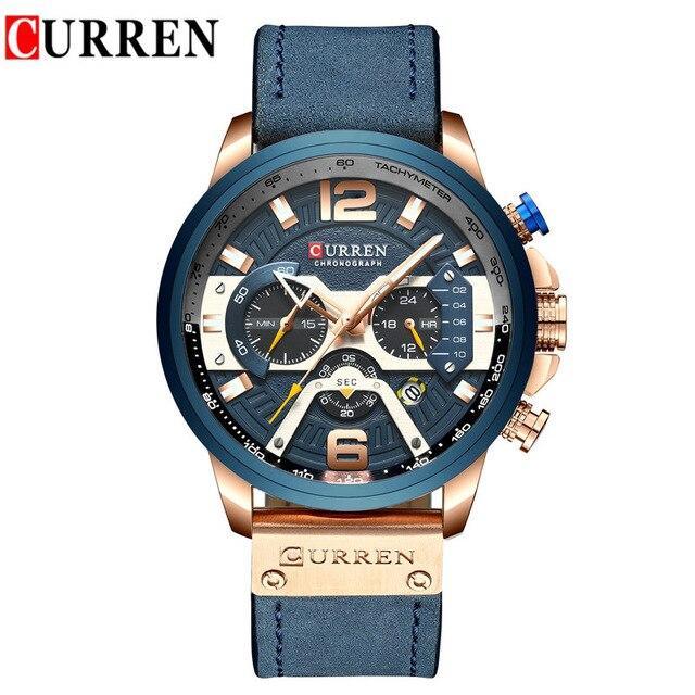 CURREN men's sport chronograph watch with blue bezel, blue leather strap, rose-gold case on Tampa Home & Garden Store