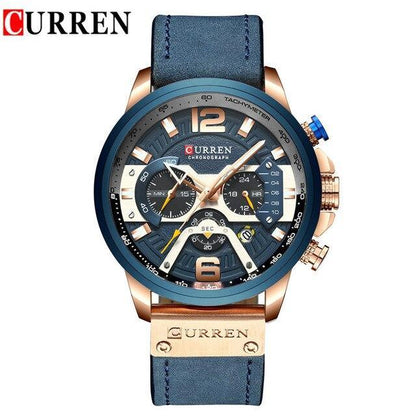 CURREN men's sport chronograph watch with blue bezel, blue leather strap, rose-gold case on Tampa Home & Garden Store