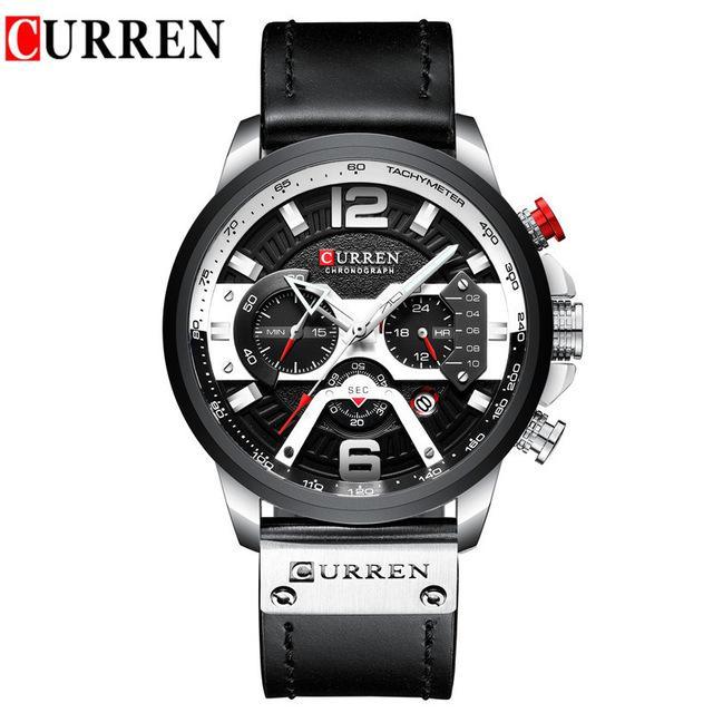 Curren men's chronograph watch with black dial, large numerals, tachymeter bezel, leather strap on Tampa Home & Garden Store