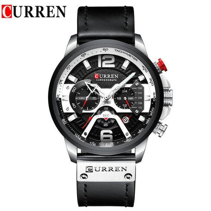 Curren men's chronograph watch with black dial, large numerals, tachymeter bezel, leather strap on Tampa Home & Garden Store