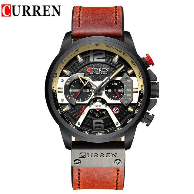 Curren men's chronograph watch with brown leather strap and black case, bold numerals on Tampa Home & Garden Store