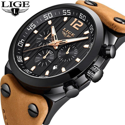 Men's LIGE black chronograph watch with brown leather strap and luminous hands on Tampa Home & Garden Store