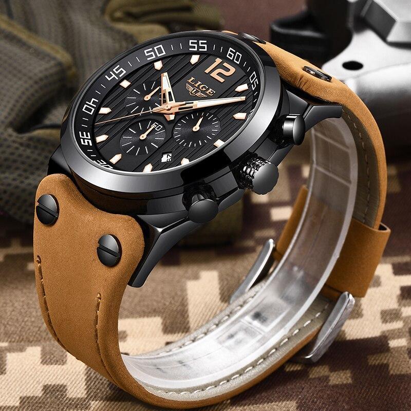 Stevvex men's waterproof watch with tan leather strap and black dial with luminous hands on Tampa Home & Garden Store