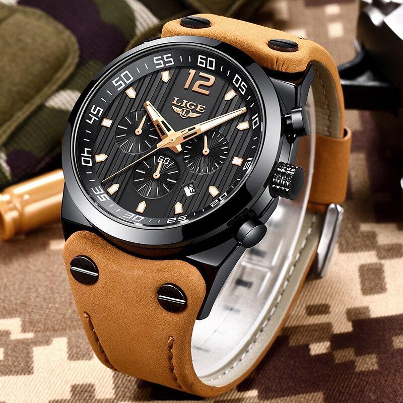 Stevvex men's waterproof watch with tan leather strap, black dial, chronograph and date on Tampa Home & Garden Store