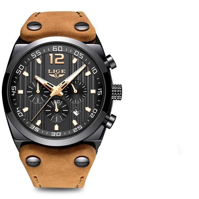 Men's LIGE chronograph watch with black dial, luminous hands and brown leather strap on Tampa Home & Garden Store