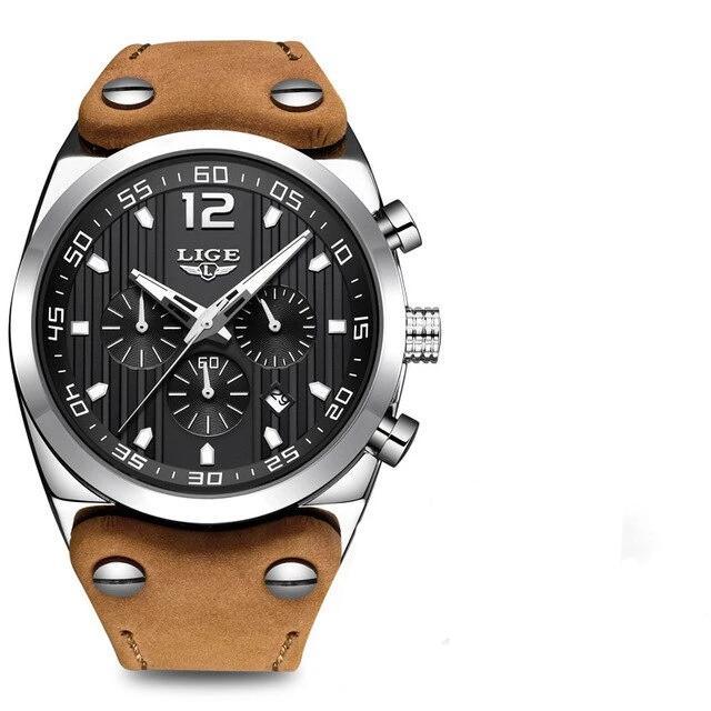 Men's waterproof watch by Stevvex with tan leather strap, black dial and chronograph subdials on Tampa Home & Garden Store