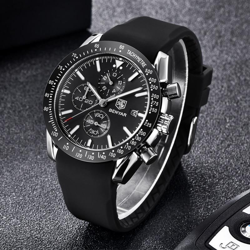 Benyar men's luxury stainless steel quartz chronograph watch with black dial and tachymeter bezel on Tampa Home & Garden Store