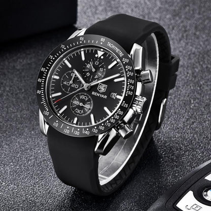 Benyar men's luxury stainless steel quartz chronograph watch with black dial and tachymeter bezel on Tampa Home & Garden Store