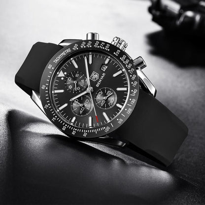 Stevvex ST254DUNSE44 men's stainless steel quartz watch with black dial tachymeter bezel strap on Tampa Home & Garden Store
